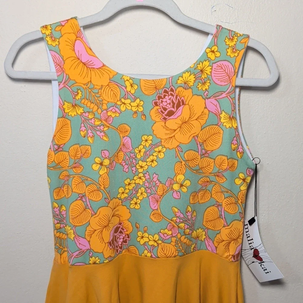 Floral Print Twirl Dress Yellow Blue Cotton Stretch Malia + Kai NEW Girls Size 8